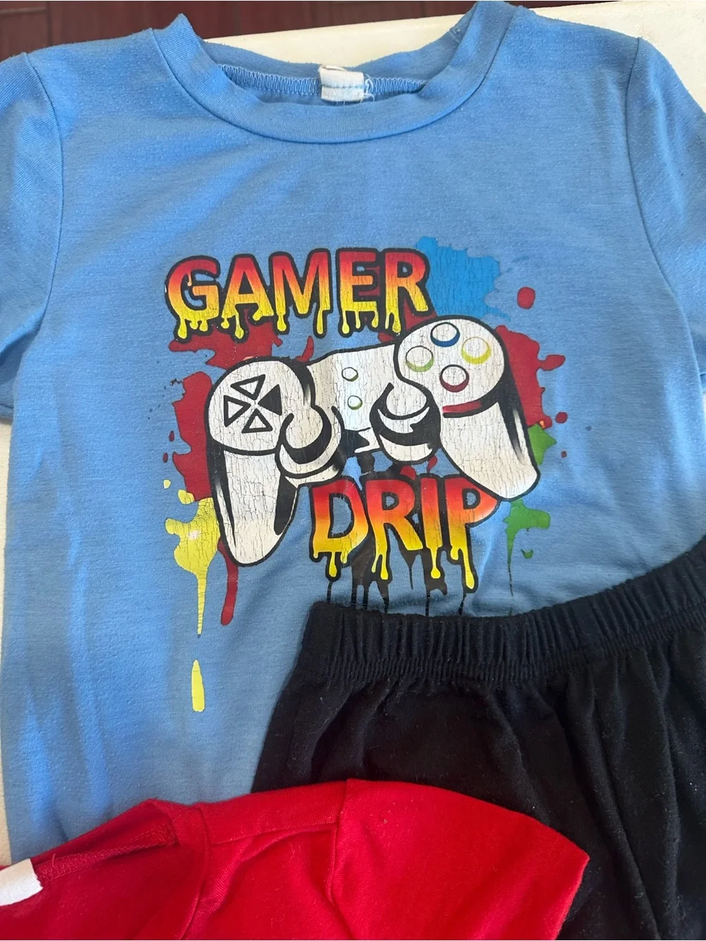 Graphic Gamer Tee & Black Shorts Sets -Blue, Red, Black